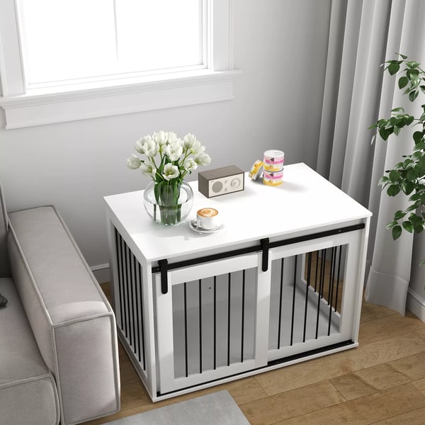 PawHut Hundebur i Hvid Spanplade – Aflåselig Hundekasse med SkydedØr til Store Hunde (Op til 30 kg), 98x58x61 cm