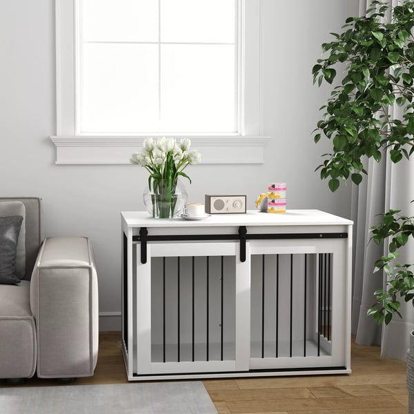PawHut Hundebur i Hvid Spanplade – Aflåselig Hundekasse med SkydedØr til Store Hunde (Op til 30 kg), 98x58x61 cm