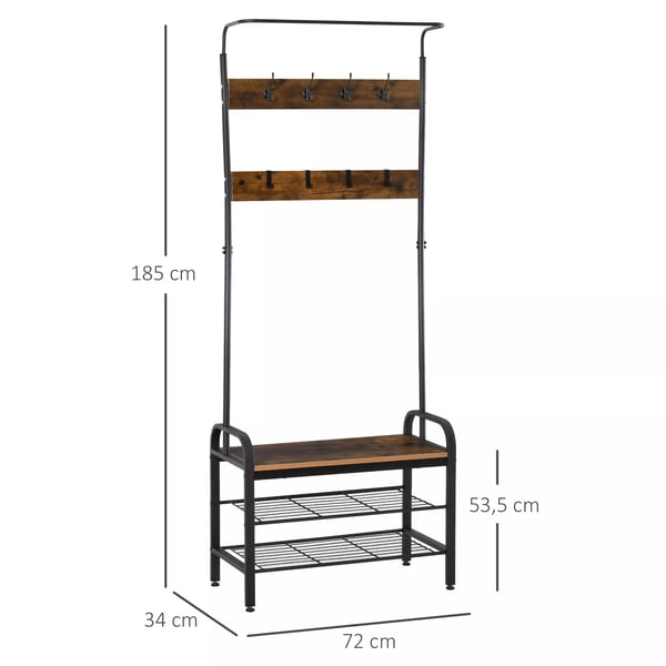 HOMCOM Vaatetelinekenkätelineellä, 8 koukkua, 2 hyllyä, metalli, E1-MDF, musta/luonto, 72x34x185cm