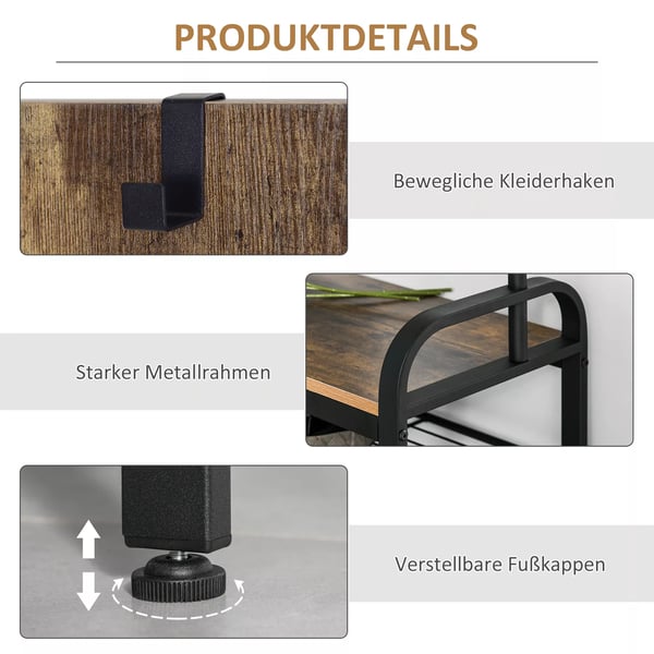 HOMCOM Vaatetelinekenkätelineellä, 8 koukkua, 2 hyllyä, metalli, E1-MDF, musta/luonto, 72x34x185cm