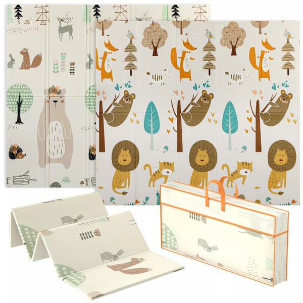 AIYAPLAY Foldbar Lege Måtte til Baby 196x176x1.5cm - Vendbar, Dobbelsidet Med Dyremotiv, Vandtæt Og Nem Rengøring - Sikkerhedsskum til Krabbelag Og Le