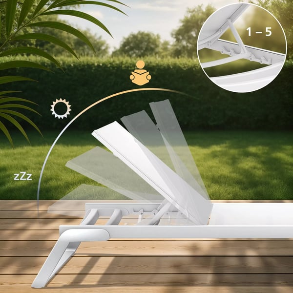 Aurinkotuoli Tropic, säädettävä, valkoinen metallirunko, alumiiniteline