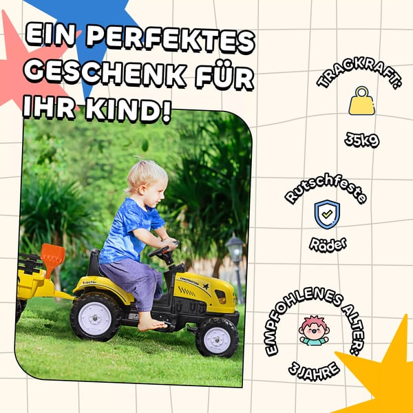 Pedal Traktor med Trailer til Børn - Gul Metal/Plastik - 133 x 42 x 51 cm