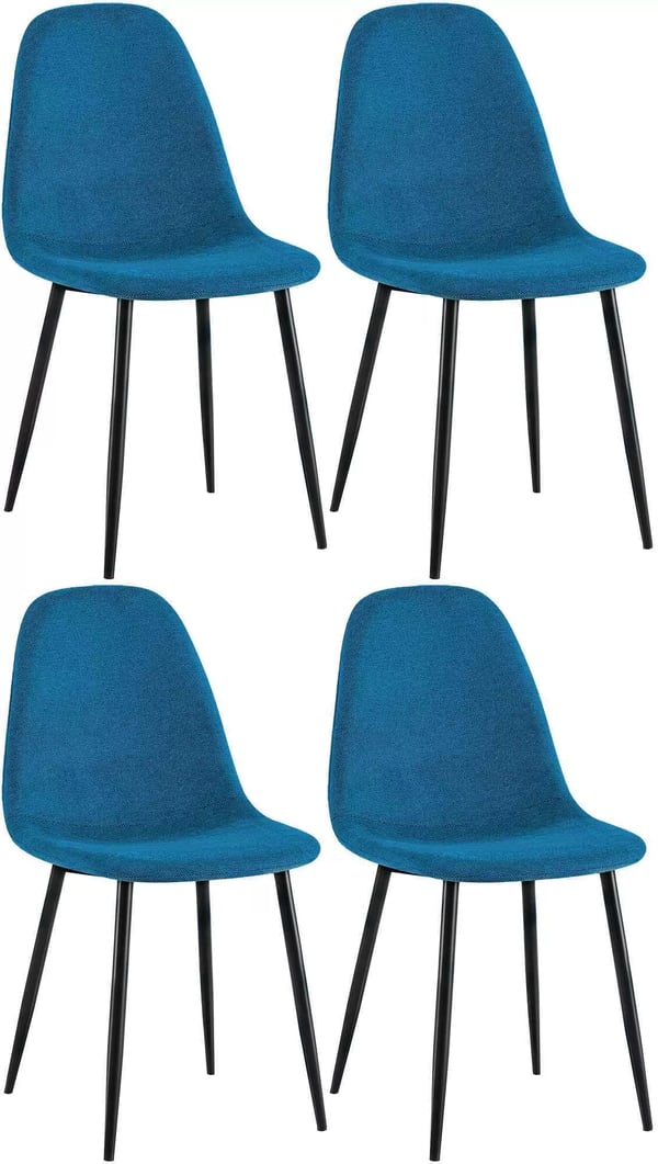 Set med 4 blå matstolar i tyg med metallramar