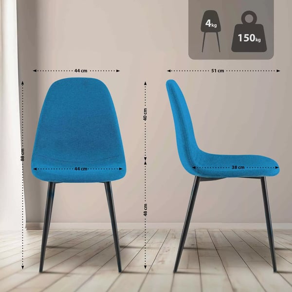Sæt med 4 blå stofspisebordsstole med metalstel