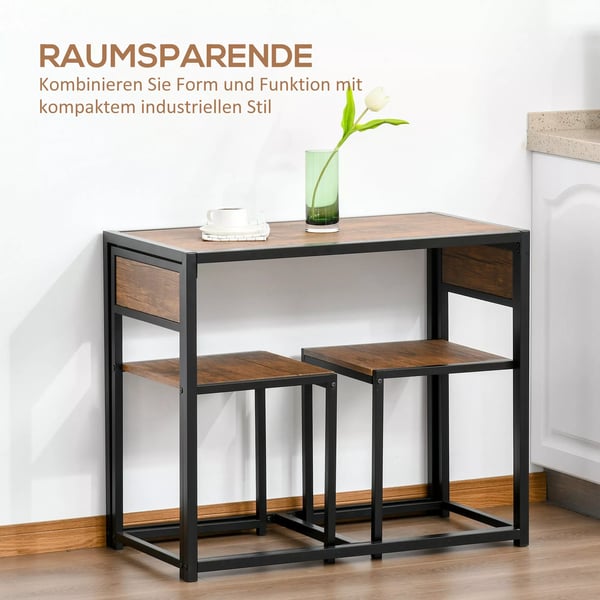 HOMCOM Barbordssæt med 2 stole, køkkenbord, metal, natur/sort, 90x47x76 cm