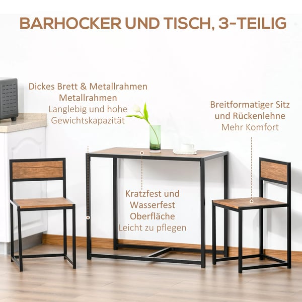 HOMCOM Barbordssæt med 2 stole, køkkenbord, metal, natur/sort, 90x47x76 cm