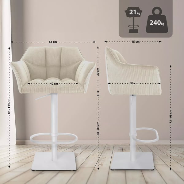 Damaso W Cream Cord Barstol med rustfri stålramme