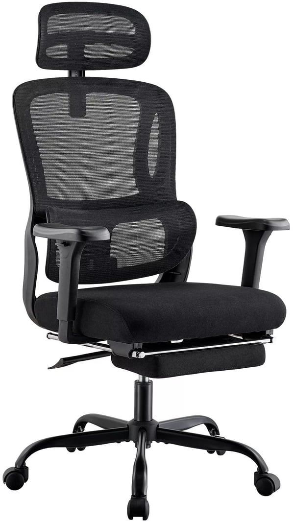 Mankato Ergonomisk Kontorsstol - Svart Tyg med Justerbart Svankstöd, Nackstöd och Fotstöd - Metallram