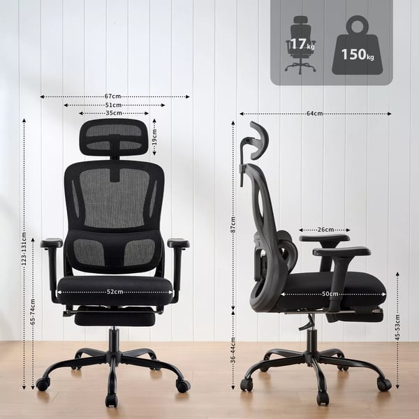 Mankato Työtuoli, Ergonominen, Säädettävä niskatuki ja alaselkätuki, Musta Kangas, Metallirunko