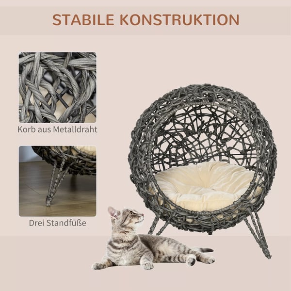 PawHut Kattehule i PE-Rattan & Metal - Slvgr Pude & Hvede Fdder, 52x58cm