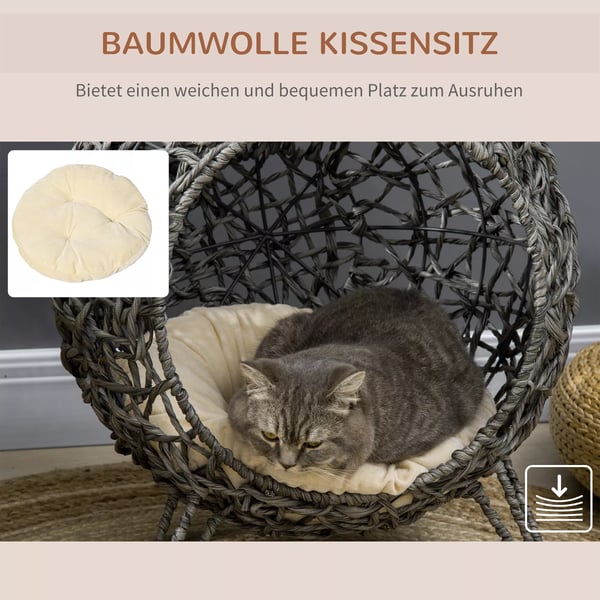 PawHut Kattehule i PE-Rattan & Metal - Slvgr Pude & Hvede Fdder, 52x58cm