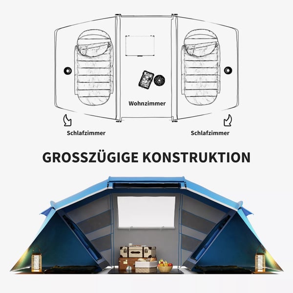 Outsunny Campingtelt til 4-6 personer, blåt tunnel telt med 2 sovekabiner, taft/glasfiber, L430 x B240 x H170cm