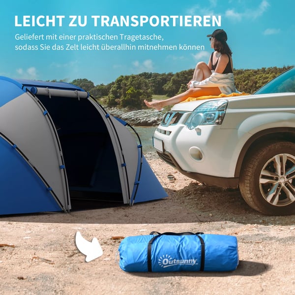 Outsunny Campingtelt til 4-6 personer, blåt tunnel telt med 2 sovekabiner, taft/glasfiber, L430 x B240 x H170cm
