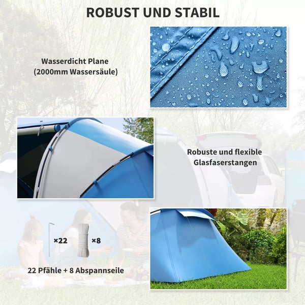Outsunny Campingtelt til 4-6 personer, blåt tunnel telt med 2 sovekabiner, taft/glasfiber, L430 x B240 x H170cm
