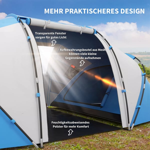 Outsunny Campingtelt til 4-6 personer, blåt tunnel telt med 2 sovekabiner, taft/glasfiber, L430 x B240 x H170cm