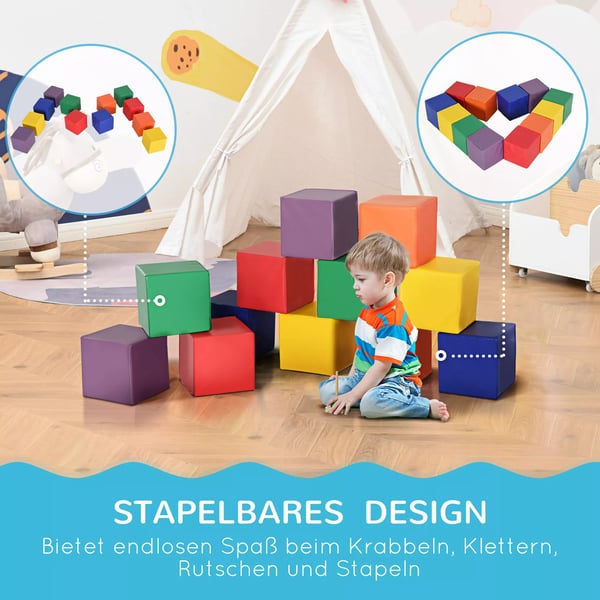 HOMCOM Byggeklodser Sæt til Børn – 12 stk. Bløde Skumklodser i Kunstlæder, EPE (Rød, Orange, Blå) til 1-3 År