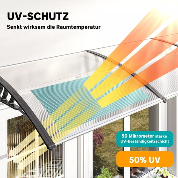 Outsunny dørbaldakin til hoveddør 90 x 295 cm, buet dørbaldakin med UV-beskyttelse, hoveddørsudhæng solbeskyttelse i polykarbonat regnbeskyttelse