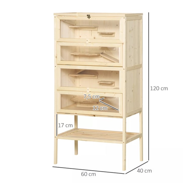 PawHut Marsvinebur i Gran med 5 Etager og Ramper, Gnaverbur Naturtræ 60x40x120cm