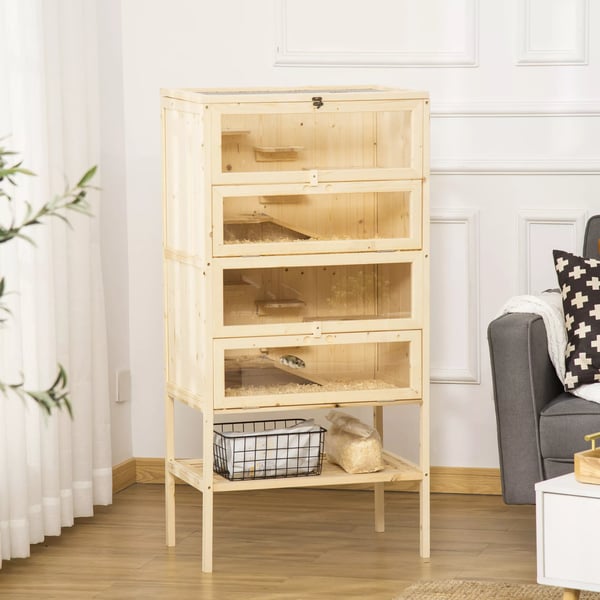 PawHut Marsvinebur i Gran med 5 Etager og Ramper, Gnaverbur Naturtræ 60x40x120cm