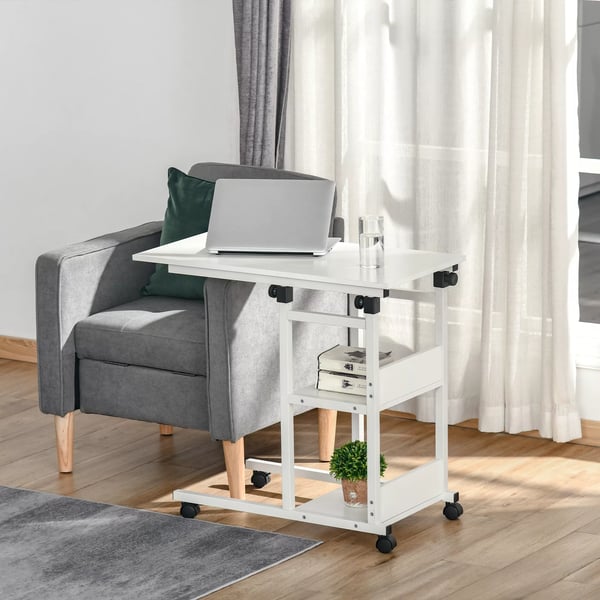 HOMCOM Højdejusterbart Sofabord med Hjul, 2 Hylder, E1 Træfiberplade, Hvid, 80x40x72-82cm