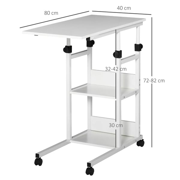 HOMCOM Højdejusterbart Sofabord med Hjul, 2 Hylder, E1 Træfiberplade, Hvid, 80x40x72-82cm