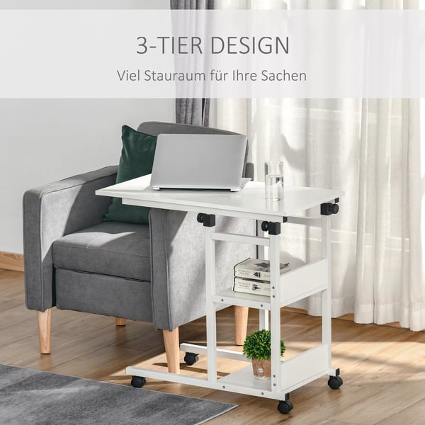 HOMCOM Højdejusterbart Sofabord med Hjul, 2 Hylder, E1 Træfiberplade, Hvid, 80x40x72-82cm