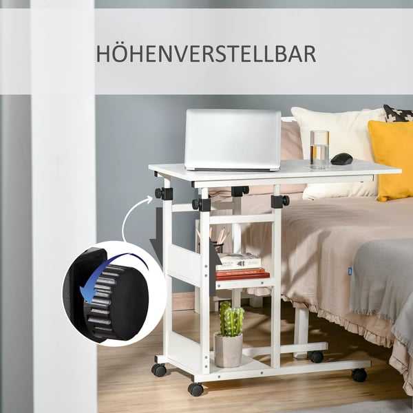 HOMCOM Højdejusterbart Sofabord med Hjul, 2 Hylder, E1 Træfiberplade, Hvid, 80x40x72-82cm