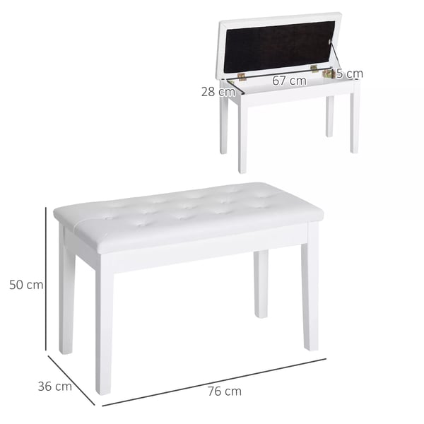 HOMCOM pianopall pianobänk traditionell lantlig stil kosmetisk pall förvaring gummiträ konstläder vit 76 x 36 x 50 cm