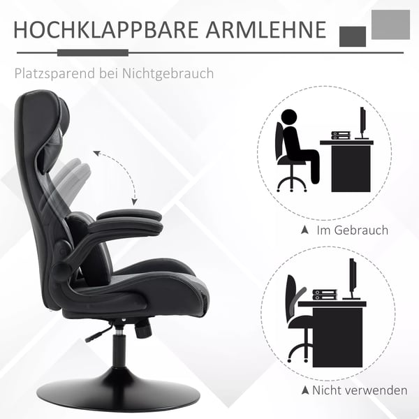 gamerstol, hjdejusterbar og drejelig, kunstlderbetrk, foldbare armln, sort+gr