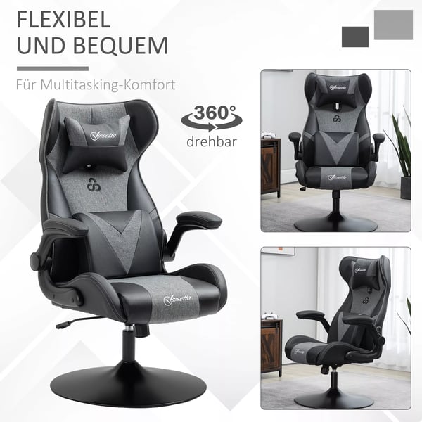 gamerstol, hjdejusterbar og drejelig, kunstlderbetrk, foldbare armln, sort+gr
