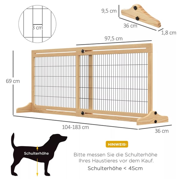 PawHut udtrækkeligt hunde-gitter i træ, fritstående, til trapper og døre, natur, 202,5x76 cm