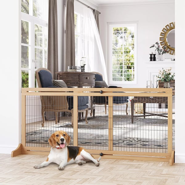 PawHut udtrækkeligt hunde-gitter i træ, fritstående, til trapper og døre, natur, 202,5x76 cm