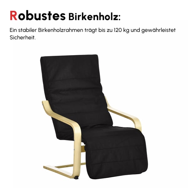 HOMCOM Lænestol med Fodstøtte, Sort Polyester, Birk Træ - Komfortabel Hvile- og Svingstol