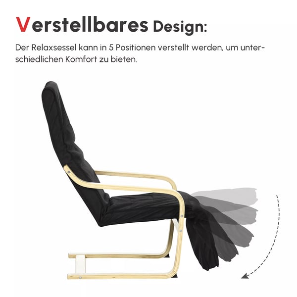 HOMCOM Lænestol med Fodstøtte, Sort Polyester, Birk Træ - Komfortabel Hvile- og Svingstol