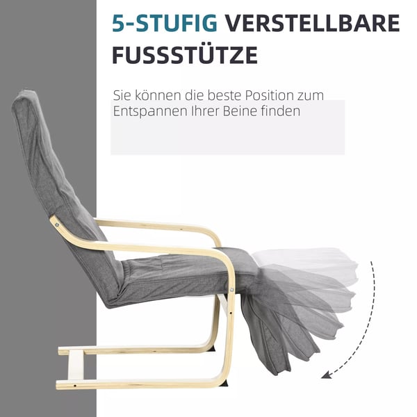 HOMCOM Lænestol med justerbar fodskammel i grå polyester og birketræ – perfekt til stuen