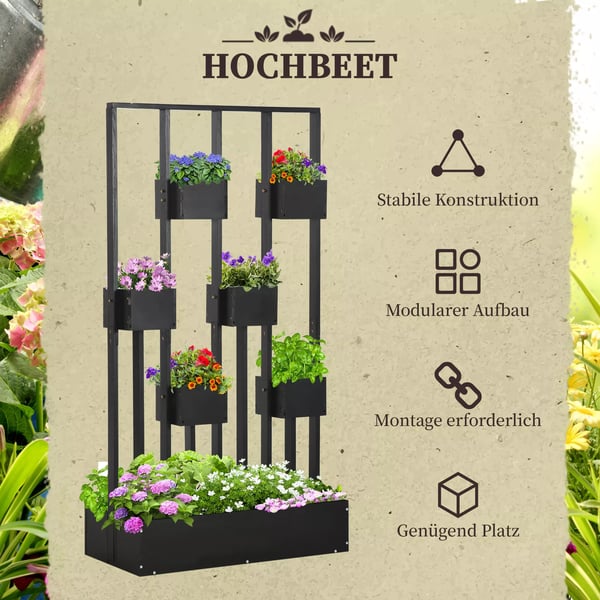 Outsunny Hjbed med espalier, firkantet plantekasse i massivt tr, sort, 90x45x170 cm