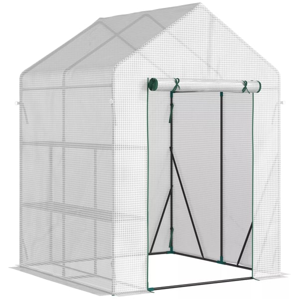Folietunnelväxthus, walk-in växthus med 4 hyllplan, tomatväxthus, växthus, kallväxthus, vit stål PE-plast 143x143x195cm