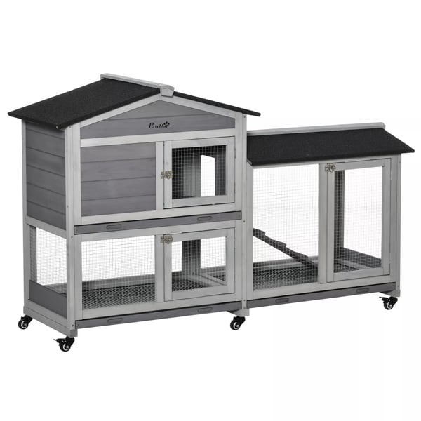 PawHut Liten djurstall 157,4x53x99,5 cm med hjul utomhushage asfaltstak dubbelvånings gran trä stål grå