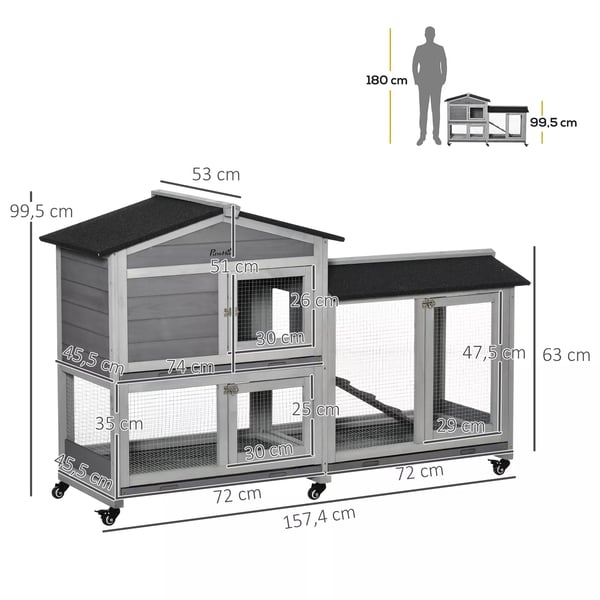PawHut Liten djurstall 157,4x53x99,5 cm med hjul utomhushage asfaltstak dubbelvånings gran trä stål grå