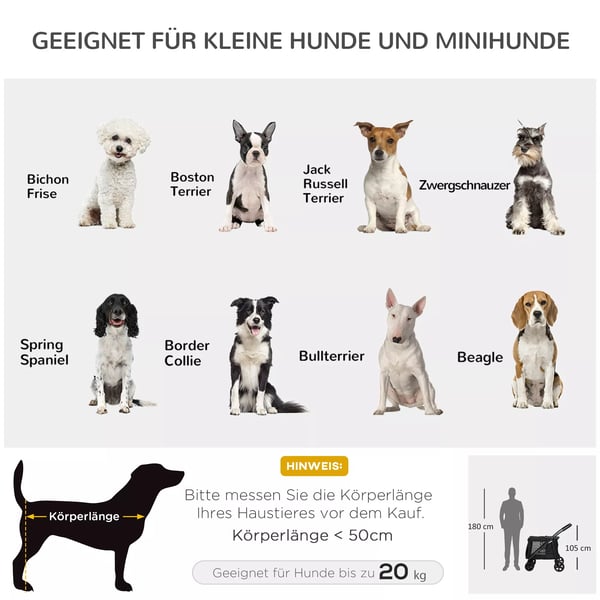 PawHut hundevogn, foldbar hundeklapvogn, med sidelommer, netvinduer, til små og mellemstore hunde op til 20 kg, Oxford-stof, sort