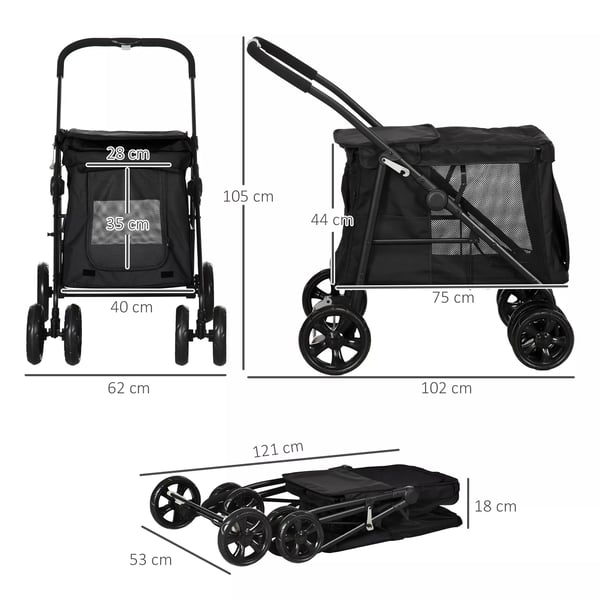 PawHut hundevogn, foldbar hundeklapvogn, med sidelommer, netvinduer, til små og mellemstore hunde op til 20 kg, Oxford-stof, sort