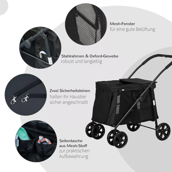 PawHut hundevogn, foldbar hundeklapvogn, med sidelommer, netvinduer, til små og mellemstore hunde op til 20 kg, Oxford-stof, sort