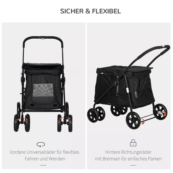 PawHut hundevogn, foldbar hundeklapvogn, med sidelommer, netvinduer, til små og mellemstore hunde op til 20 kg, Oxford-stof, sort