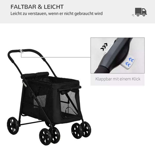PawHut hundevogn, foldbar hundeklapvogn, med sidelommer, netvinduer, til små og mellemstore hunde op til 20 kg, Oxford-stof, sort