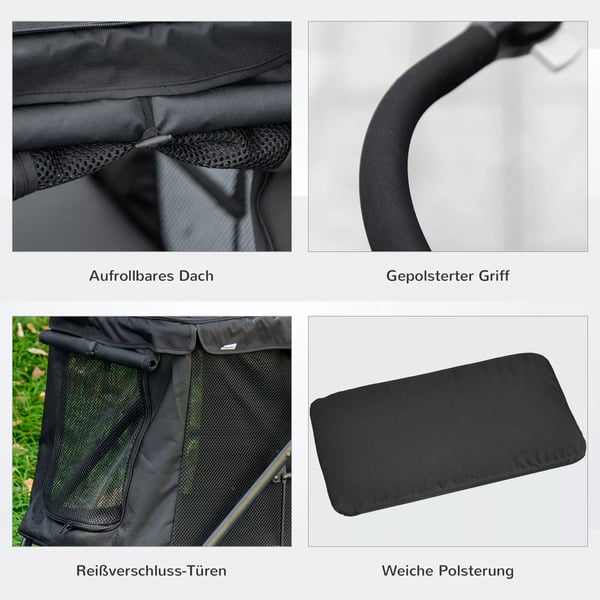 PawHut hundevogn, foldbar hundeklapvogn, med sidelommer, netvinduer, til små og mellemstore hunde op til 20 kg, Oxford-stof, sort