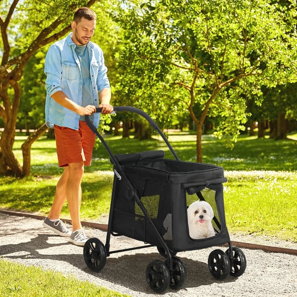 PawHut hundevogn, foldbar hundeklapvogn, med sidelommer, netvinduer, til små og mellemstore hunde op til 20 kg, Oxford-stof, sort