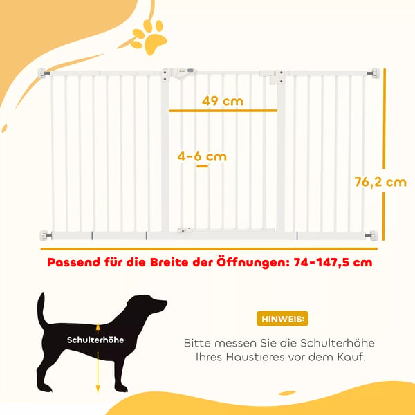PawHut dørgitter til hunde, kæledyrsgitter 74-147,5 cm, hundegitter med 3 forlængere, trappegitter uden boring, metal, hvid