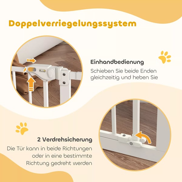 PawHut dørgitter til hunde, kæledyrsgitter 74-147,5 cm, hundegitter med 3 forlængere, trappegitter uden boring, metal, hvid