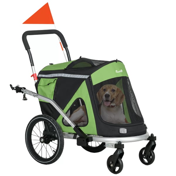 PawHut hundeanhænger 2-i-1 hundeklapvogn hundecykelanhænger med sikkerhedsline hundevogn reflekser op til 20 kg Oxford grøn